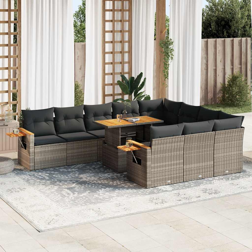 10-tlg. Garten-Sofagarnitur mit Kissen Grau Poly Rattan Akazie 10-tlg. Garten-Sofagarnitur mit Kissen Grau Poly Rattan Akazie
