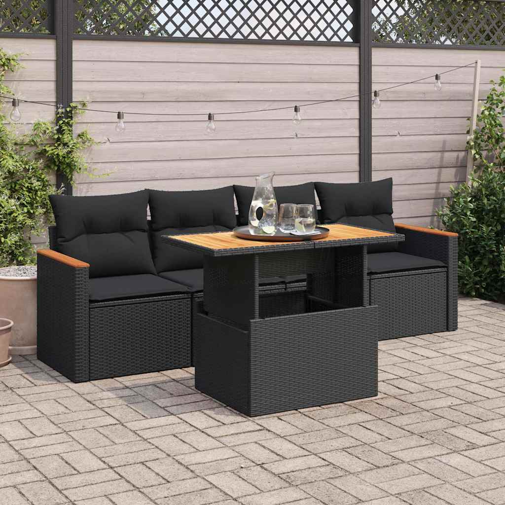5tlg. Garten-Sofagarnitur mit Kissen Schwarz Poly Rattan Akazie 5tlg. Garten-Sofagarnitur mit Kissen Schwarz Poly Rattan Akazie