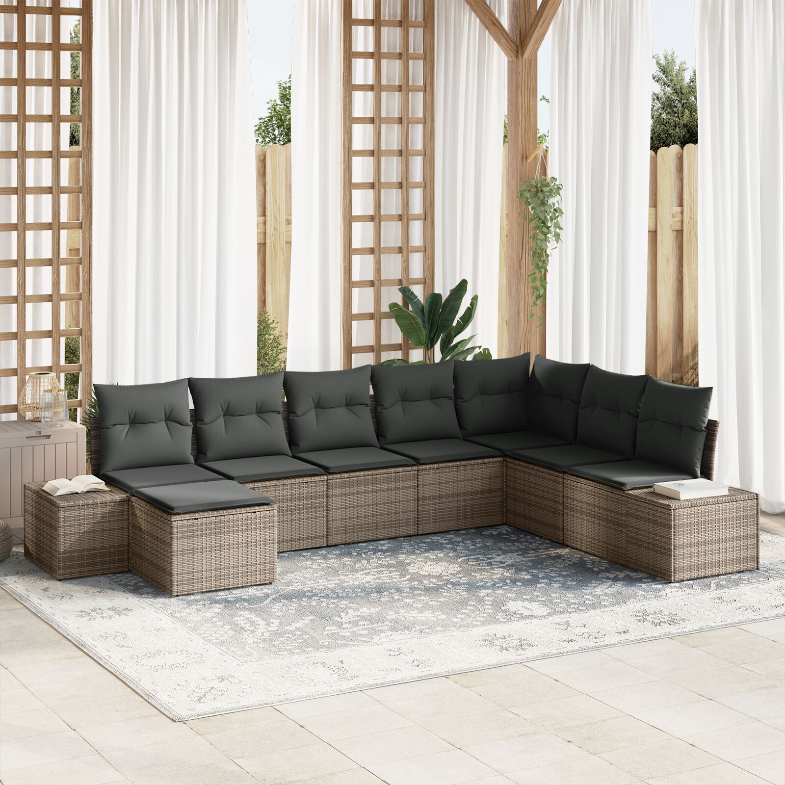 8-teiliges Garten-Sofa-Set mit Kissen Grau Poly-Rattan