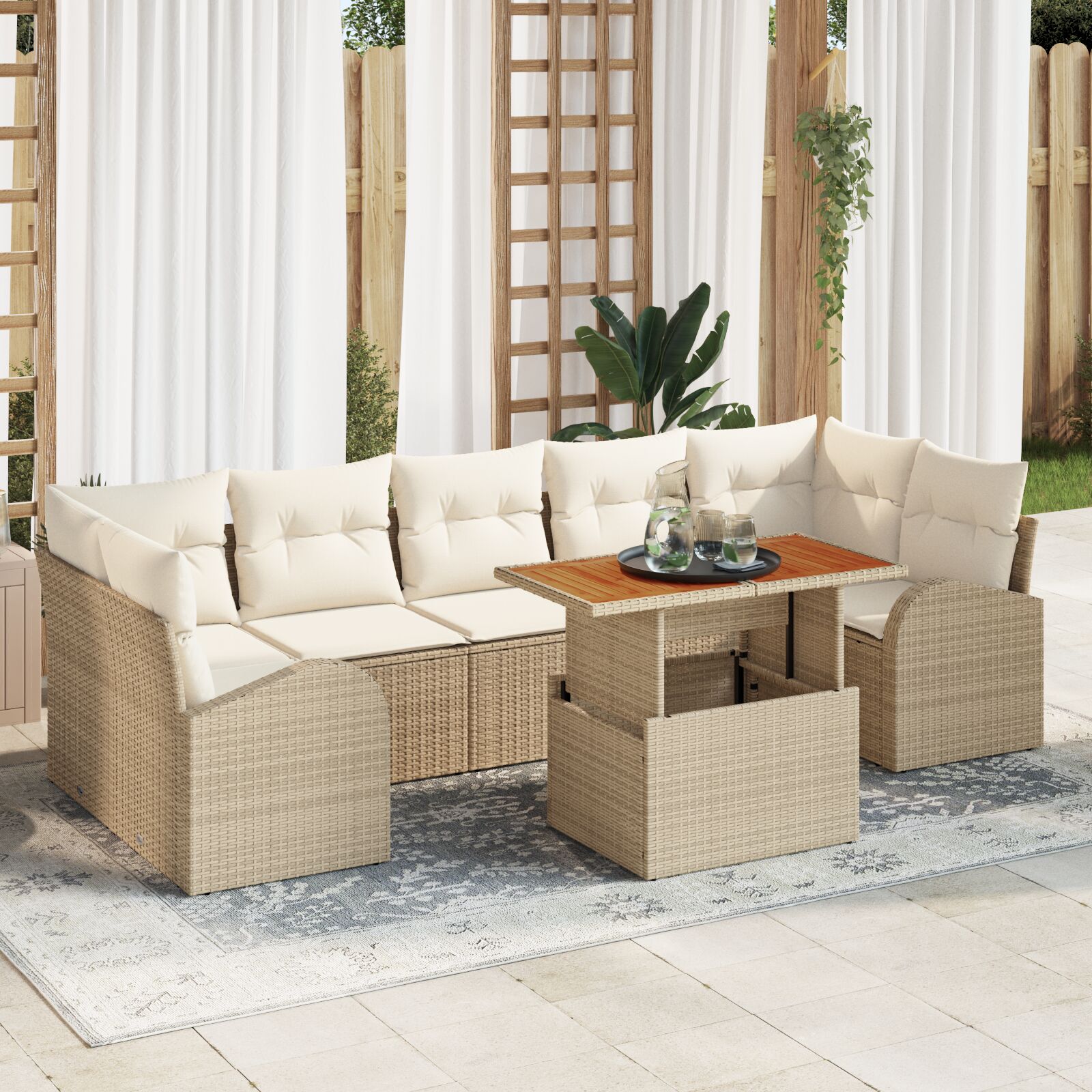 8-teiliges Garten Esstisch Set mit Kissen Beige Poly Rattan Akazie 8-teiliges Garten Esstisch Set mit Kissen Beige Poly Rattan Akazie