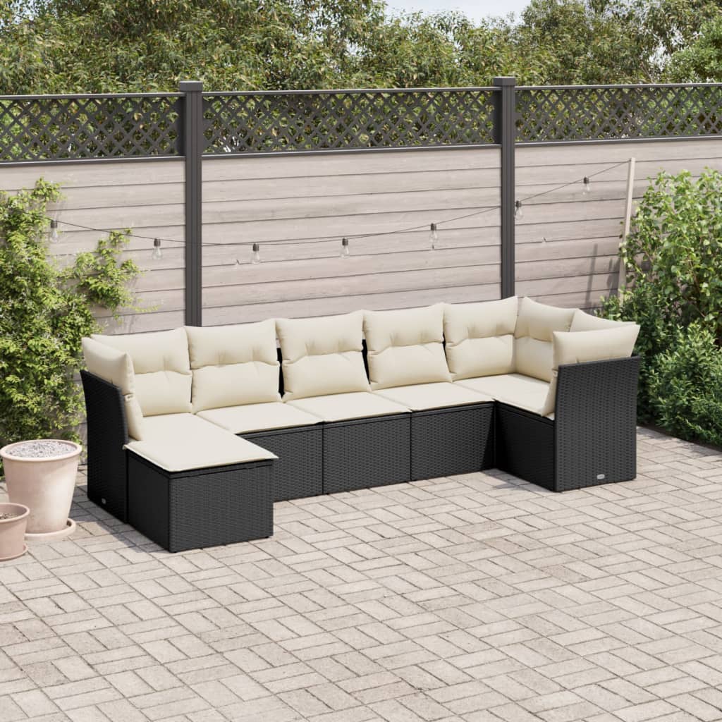 7-tlg. Garten-Sofagarnitur mit Kissen Schwarz Poly Rattan 7-tlg. Garten-Sofagarnitur mit Kissen Schwarz Poly Rattan