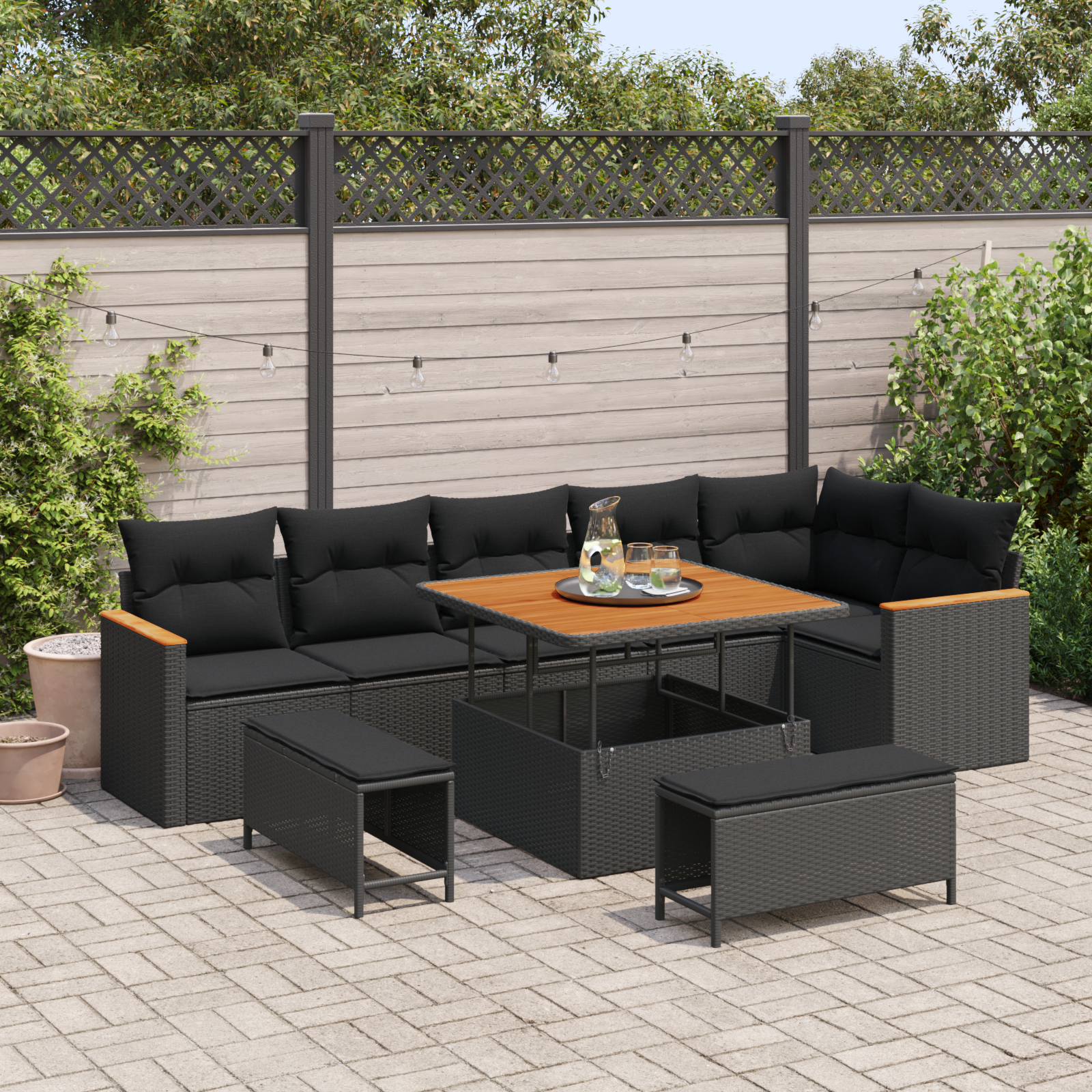 9-teiliges Garten Sofa Set mit Kissen Schwarz Poly-Rattan Akazie