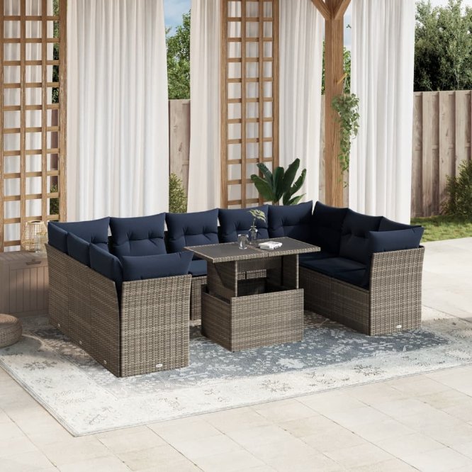 10-teiliges Gartensofa-Set mit Kissen, grau, Polyrattan 10-teiliges Gartensofa-Set mit Kissen, grau, Polyrattan