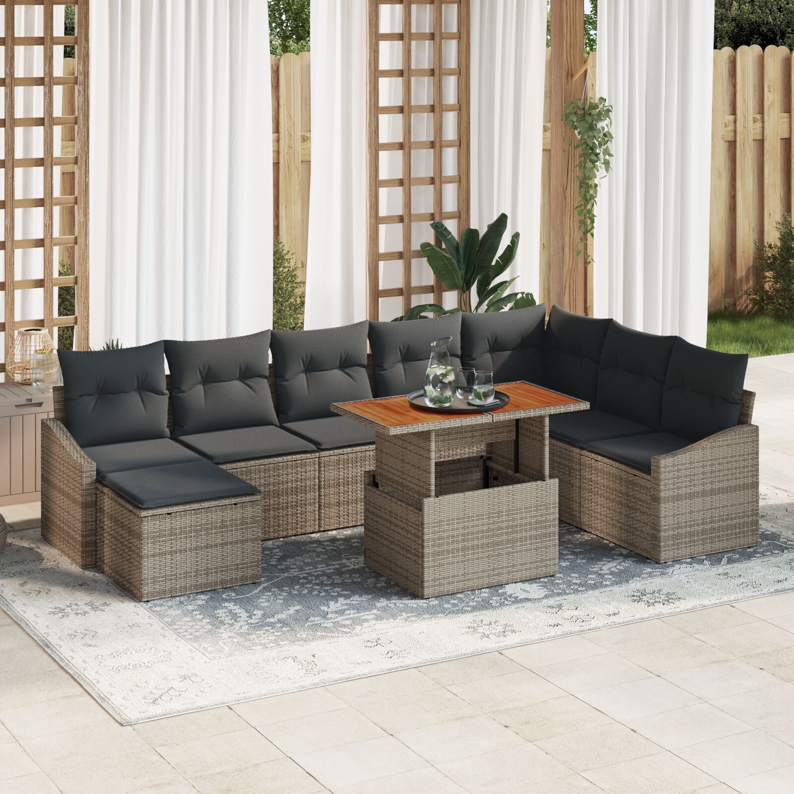 9-teiliges Garten Esszimmer Set mit Kissen Grau Poly Rattan Akazie 9-teiliges Garten Esszimmer Set mit Kissen Grau Poly Rattan Akazie