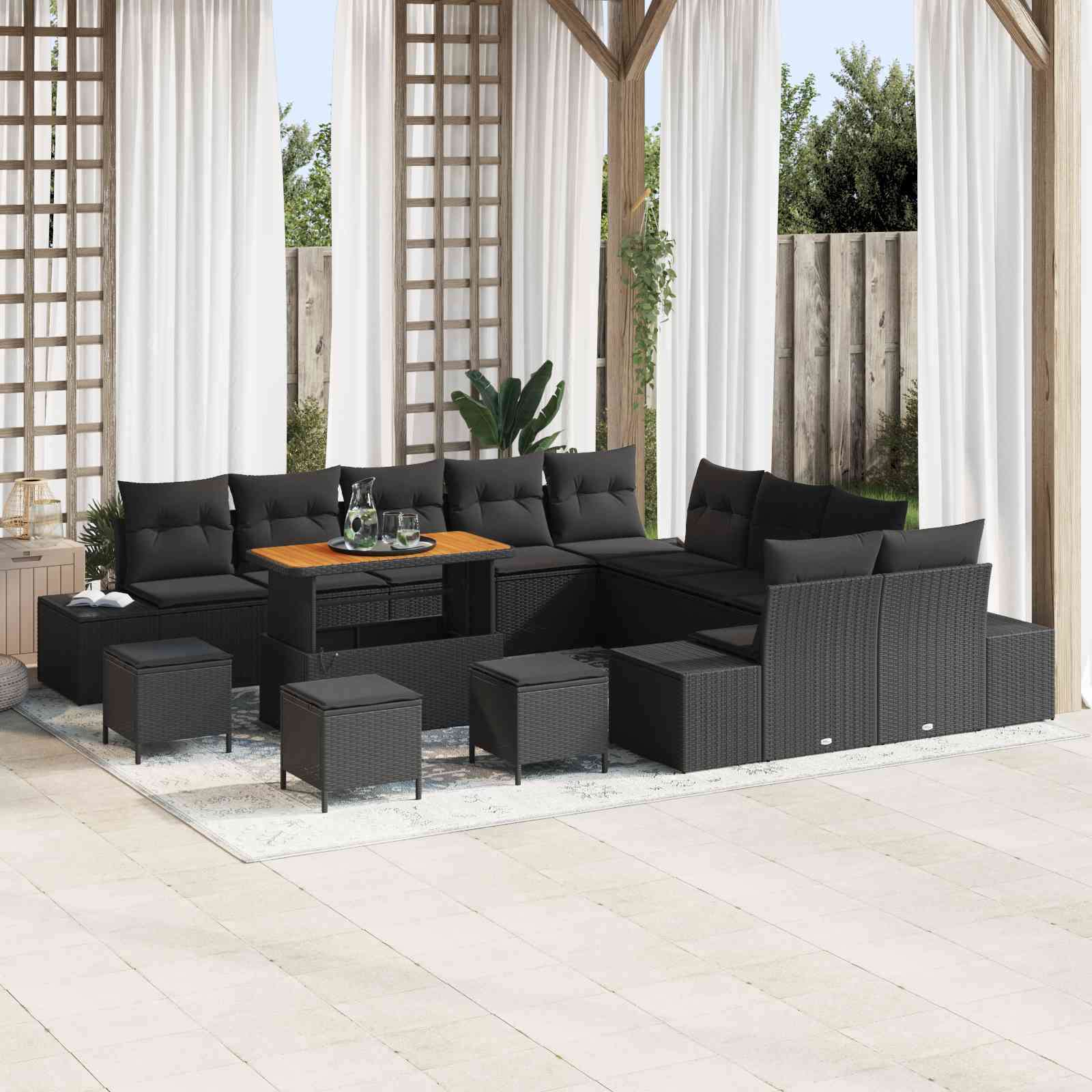 14-teilige Garten Sofa Set mit Kissen Schwarz Poly Rattan Akazie