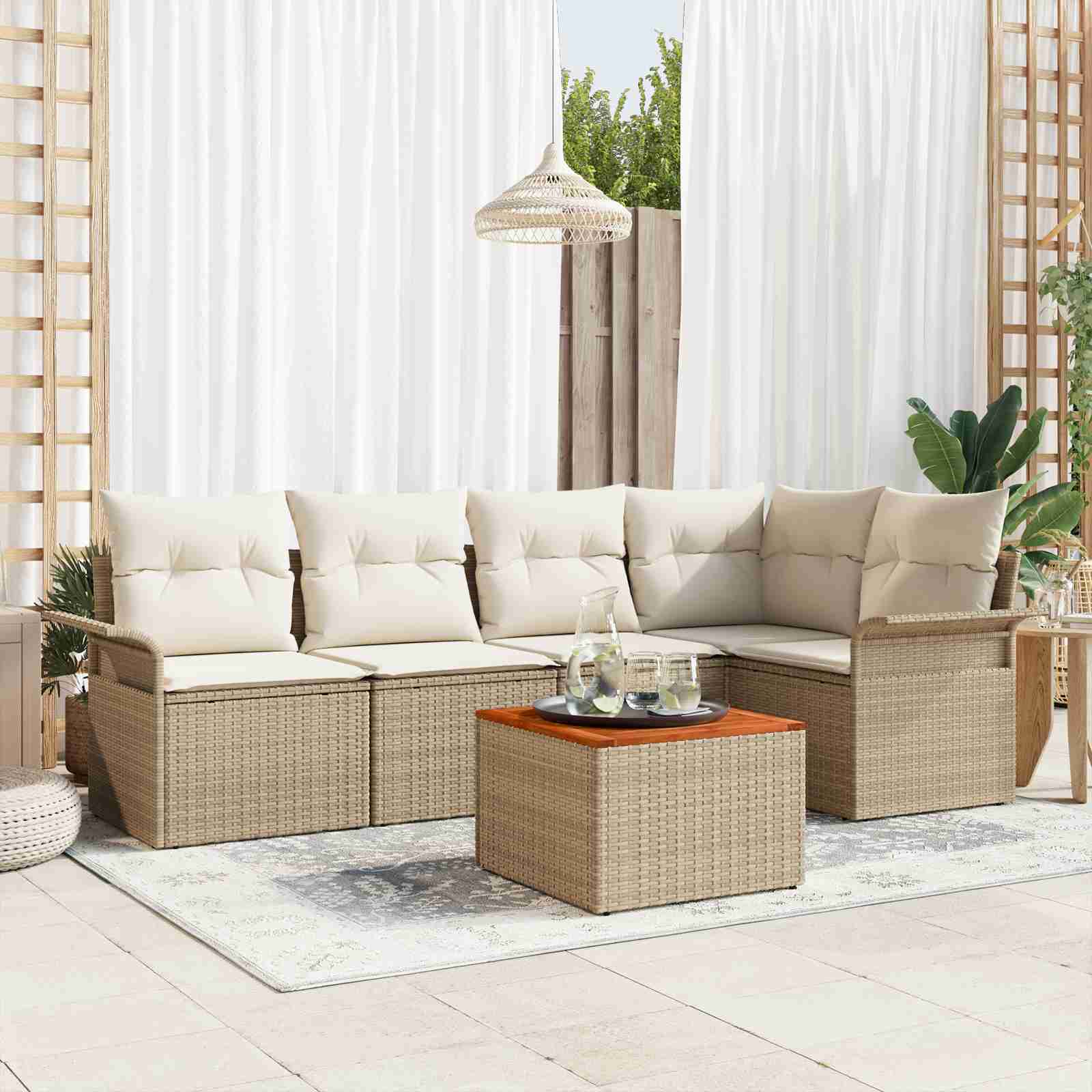 6-teiliges Garten-Sofa-Set mit Kissen Beige Poly Rattan Akazie 6-teiliges Garten-Sofa-Set mit Kissen Beige Poly Rattan Akazie
