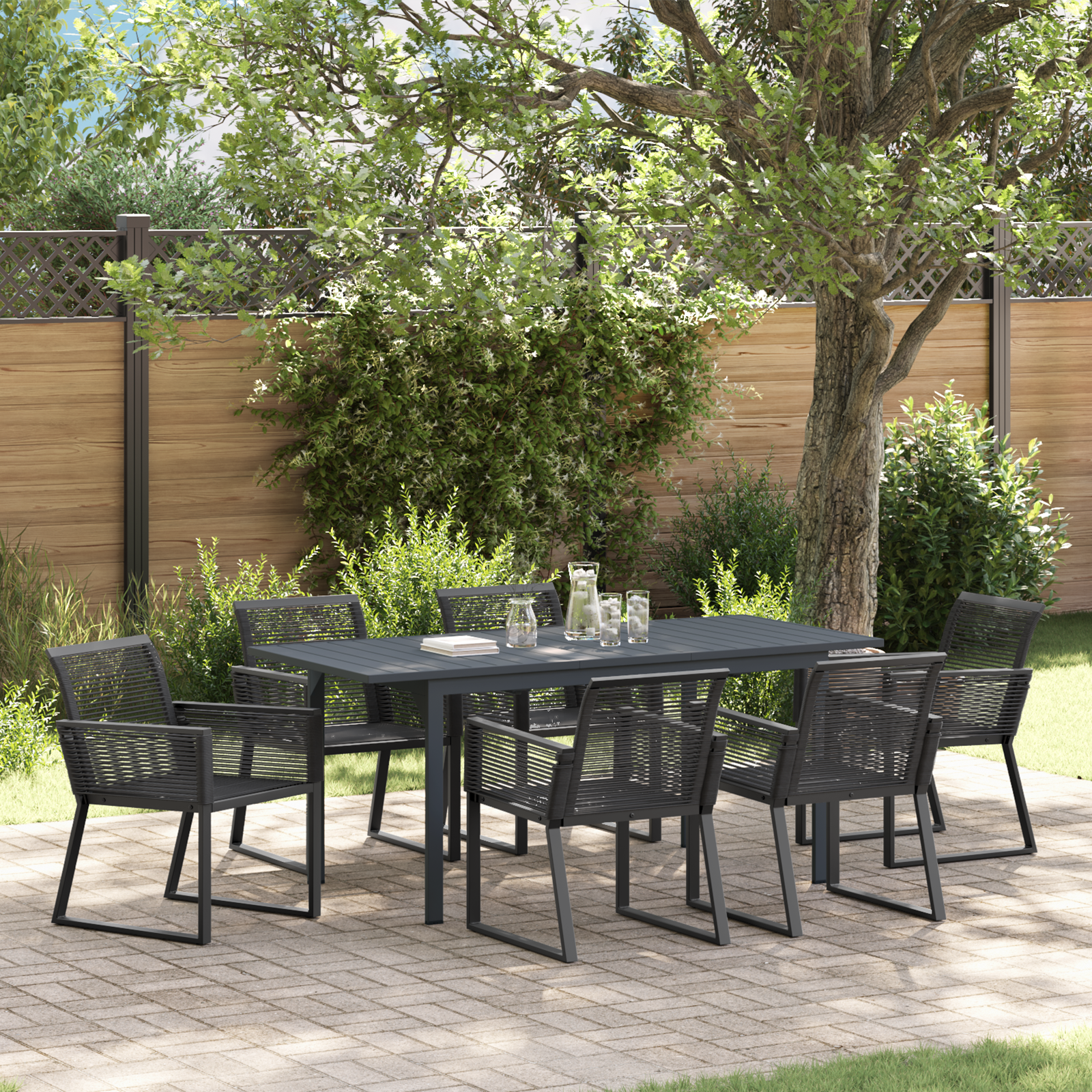 7-teiliges Garten Essset Schwarz Stahl und Poly Rattan