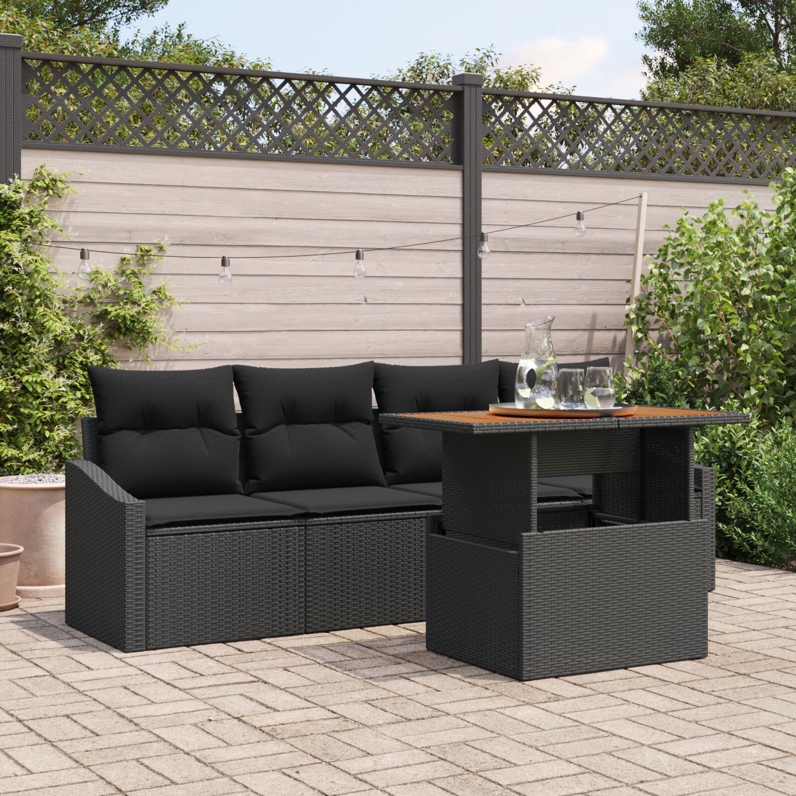 vidaXL Garten-Sofa-Set Set von 5 Schwarz Rattan, Polyester Outdoortisch