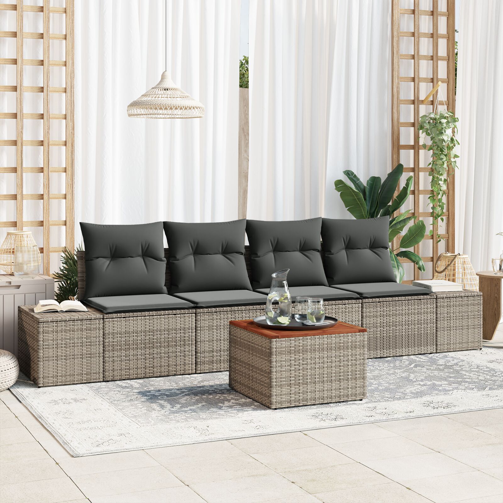 5-teiliges Garten Sofa Set mit Kissen Grau Poly Rattan Akazie