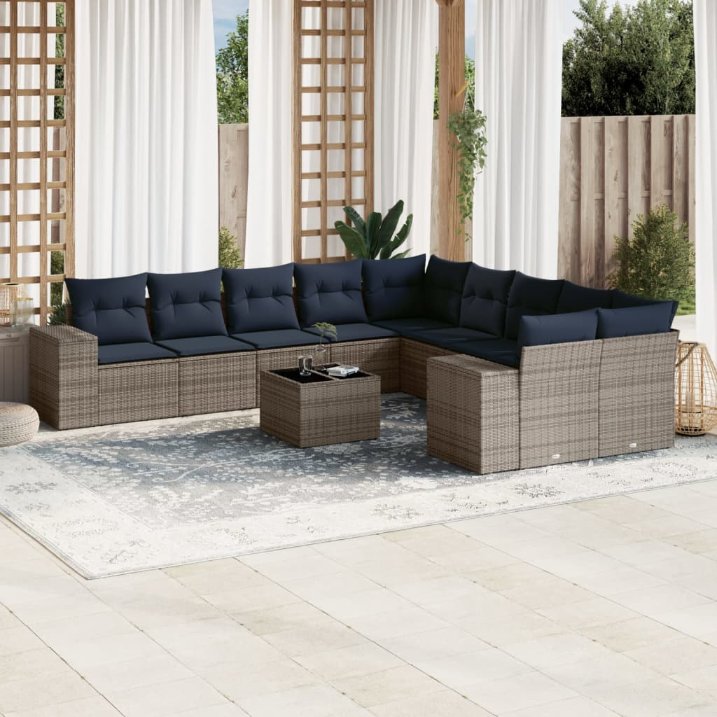 11-teiliges Gartensofa-Set mit Kissen, grau, Polyrattan 11-teiliges Gartensofa-Set mit Kissen, grau, Polyrattan