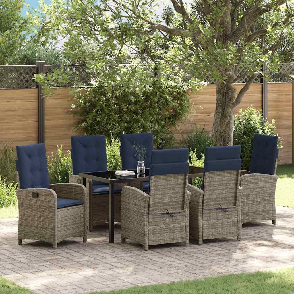 7-teiliges Garten-Esszimmer-Set aus grauem Poly-Rattan mit Kissen 7-teiliges Garten-Esszimmer-Set aus grauem Poly-Rattan mit Kissen
