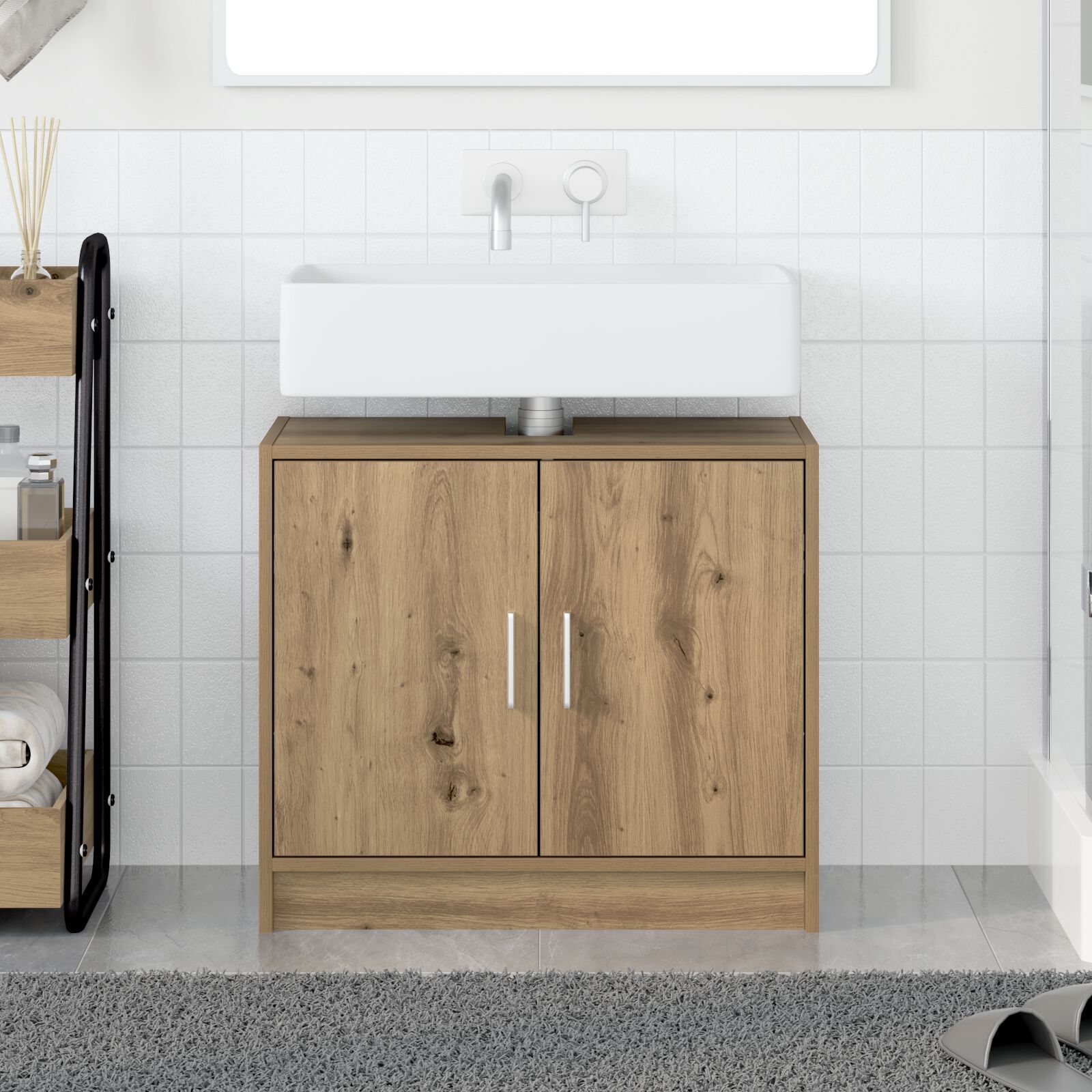 Waschbecken Schrank Massivholz Eiche 63x29x55 cm Holzwerkstoff