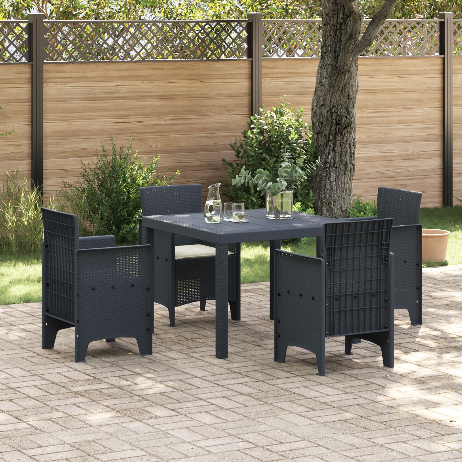 5-tlg. Garten-Essgruppe mit Kissen Anthrazit Poly Rattan
