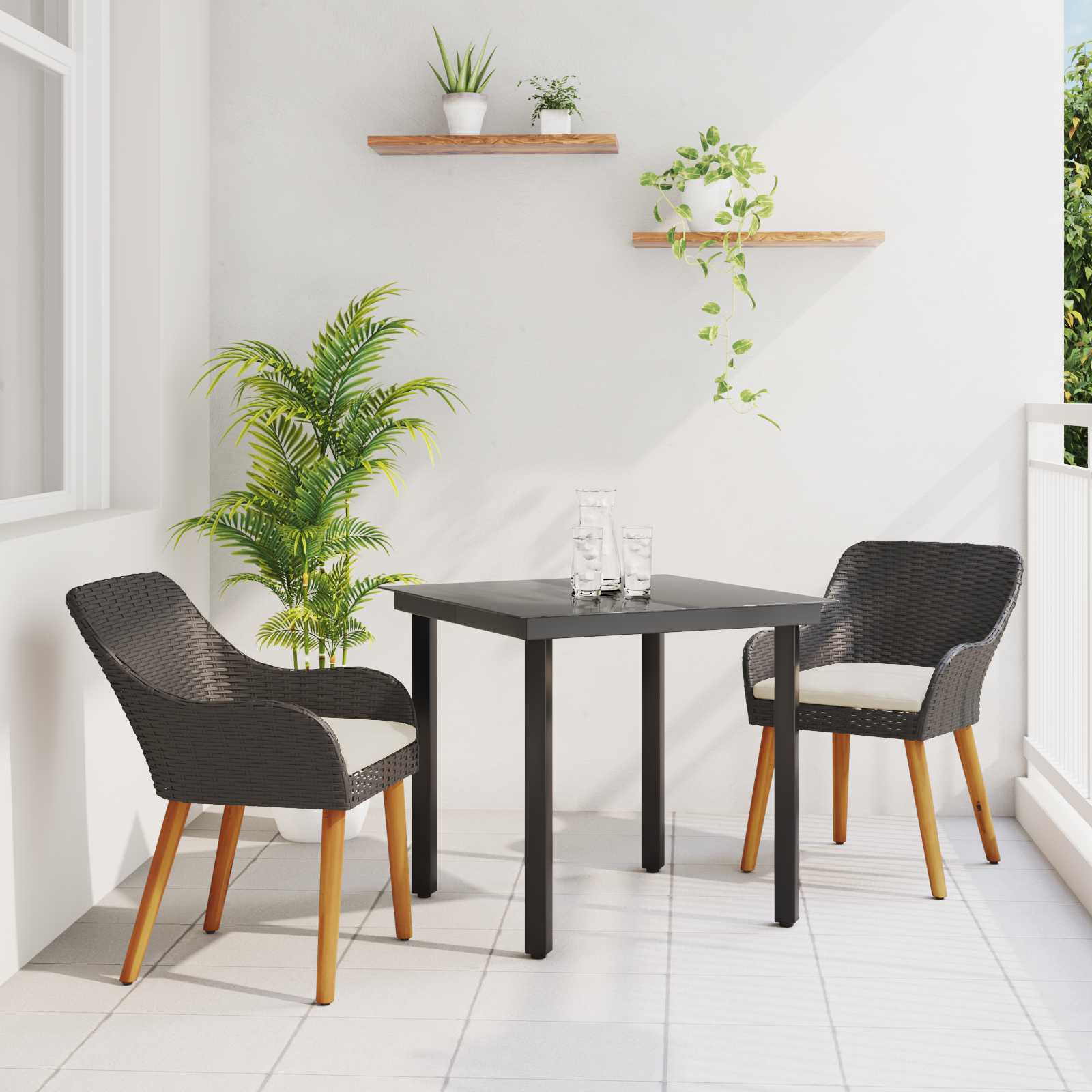 3-teiliges Garten-Essz Set Schwarzes Poly-Rattan
