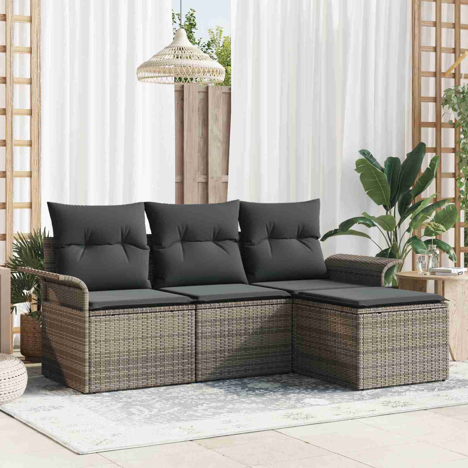 4-teilige Garten-Sofa-Sitzgruppe mit Kissen Grau Poly-Rattan 4-teilige Garten-Sofa-Sitzgruppe mit Kissen Grau Poly-Rattan