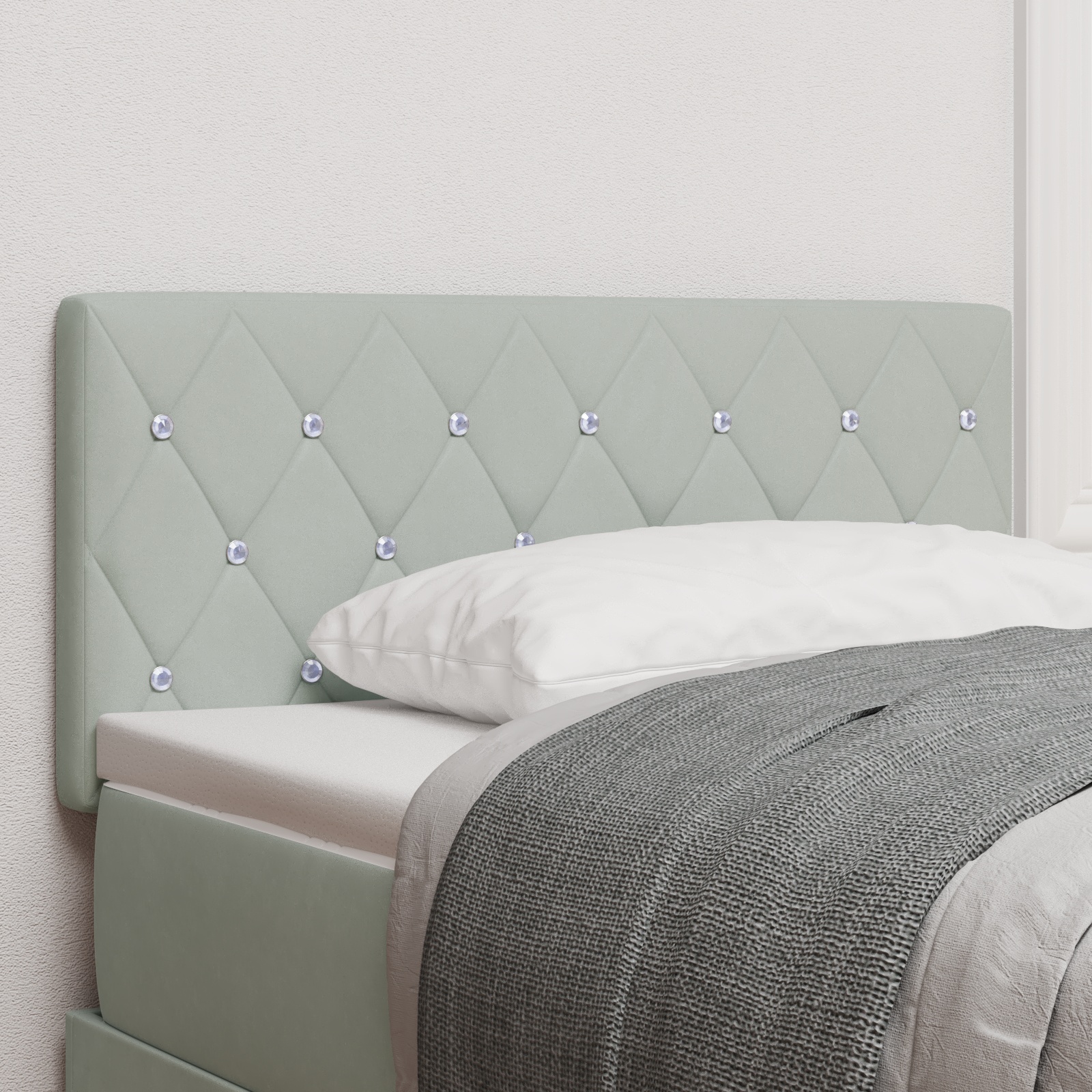 LED Kopfteil mit Kristallknopf, Geplustert, Hellgrau, 90 cm, Samt