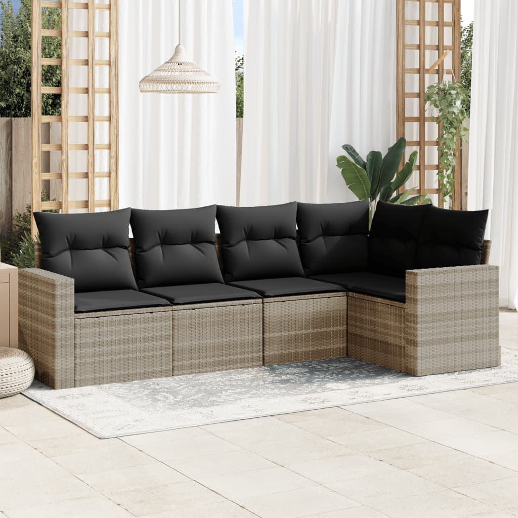 5-tlg. Garten-Sofagarnitur mit Kissen Hellgrau Poly Rattan 5-tlg. Garten-Sofagarnitur mit Kissen Hellgrau Poly Rattan