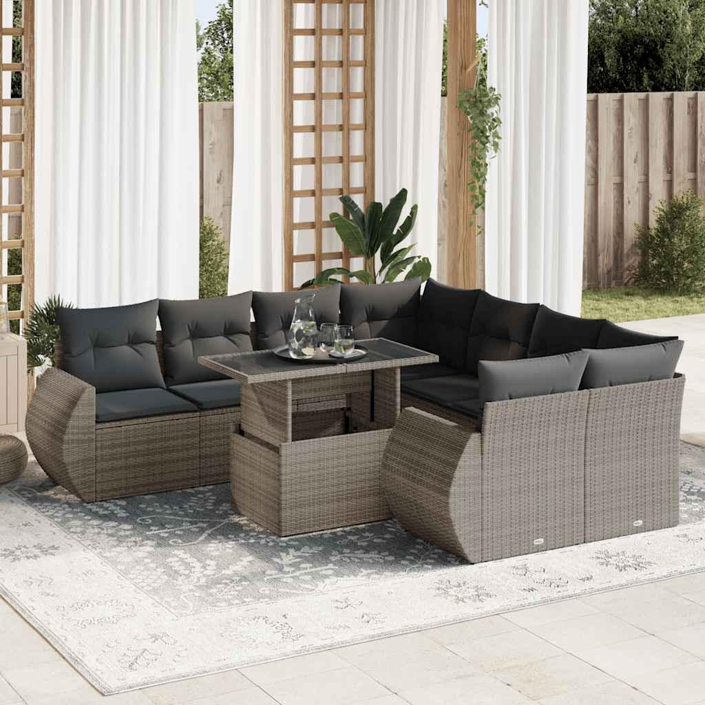 9-tlg. Garten-Sofagarnitur mit Kissen Grau Poly Rattan 9-tlg. Garten-Sofagarnitur mit Kissen Grau Poly Rattan