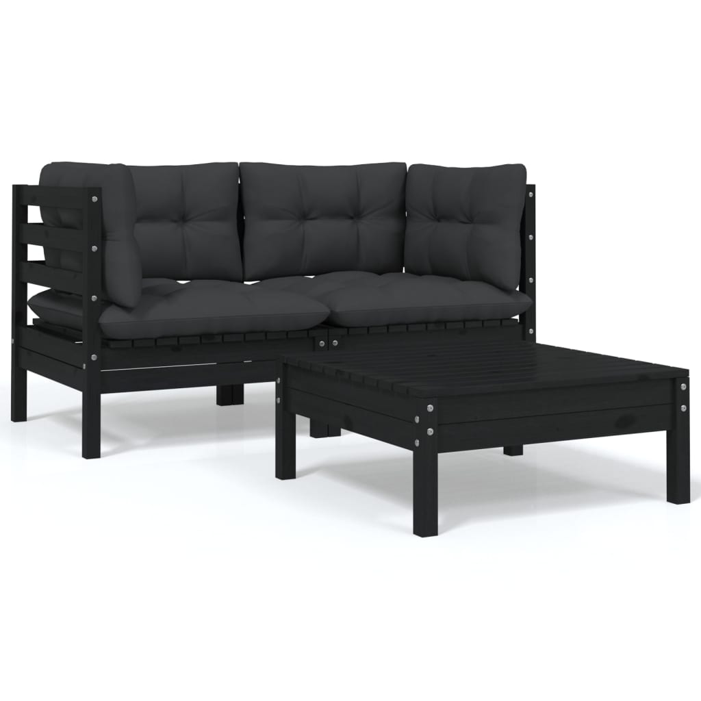 3-tlg. Garten-Lounge-Set mit Kissen Schwarz Kiefer Massivholz 3-tlg. Garten-Lounge-Set mit Kissen Schwarz Kiefer Massivholz