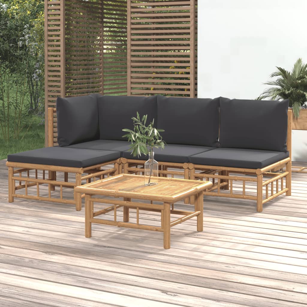 5-tlg. Garten-Lounge-Set mit Dunkelgrauen Kissen Bambus 5-tlg. Garten-Lounge-Set mit Dunkelgrauen Kissen Bambus