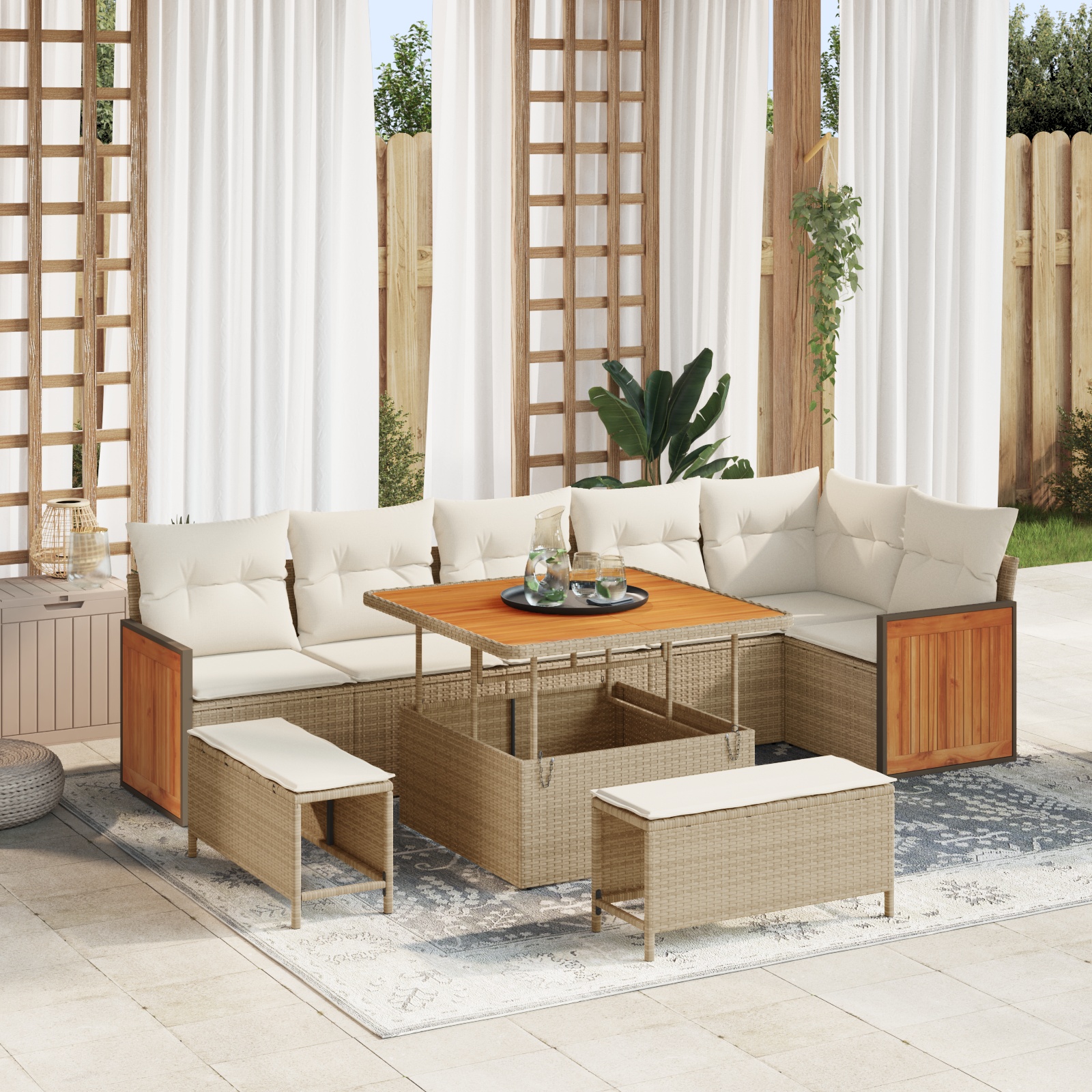 9-teiliges Garten-Sofa-Set mit Kissen Beige Poly Rattan Akazie 9-teiliges Garten-Sofa-Set mit Kissen Beige Poly Rattan Akazie