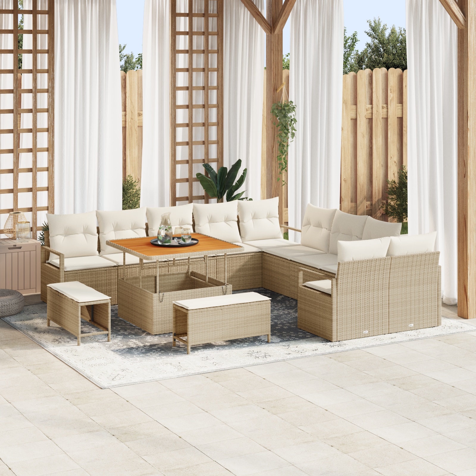 13-teiliges Garten Sofa Set mit Kissen Beige Poly Rattan Akazie 13-teiliges Garten Sofa Set mit Kissen Beige Poly Rattan Akazie