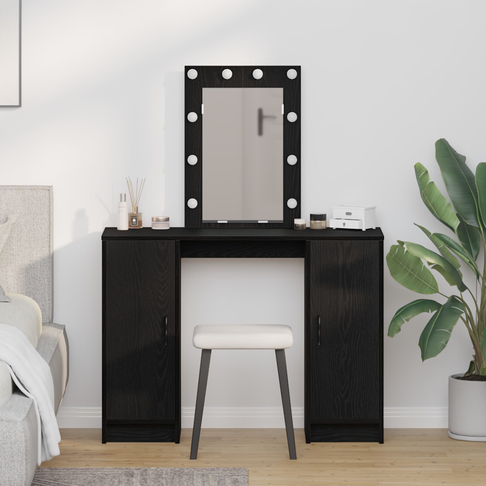 vidaXL Schminktisch mit LED-Lichtern Schwarzes Eichenholz 102x33x135 cm