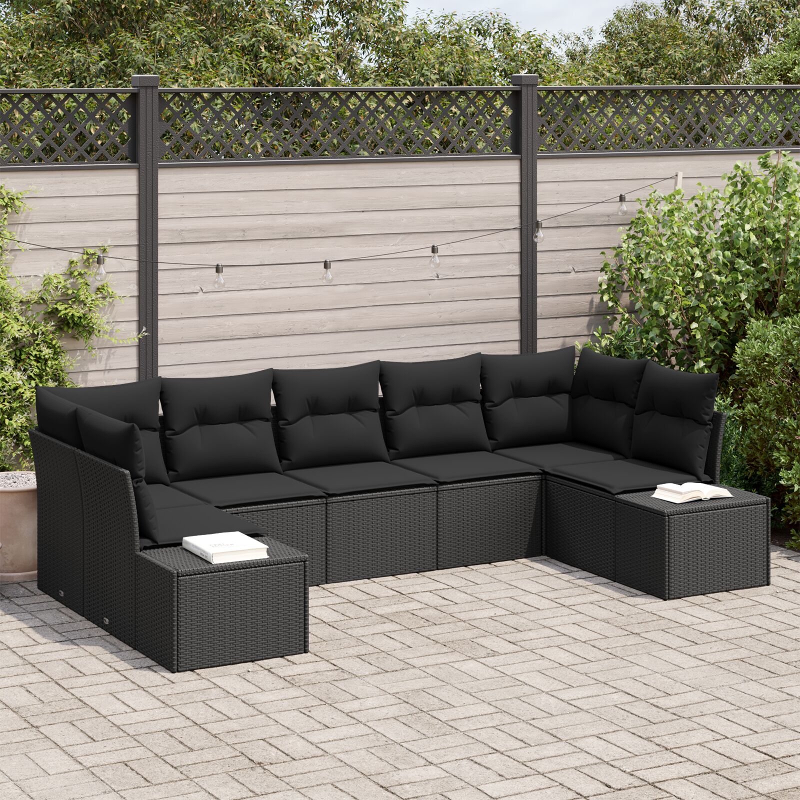 7-teiliges Garten-Sofa-Set mit Kissen Schwarz Poly Rattan