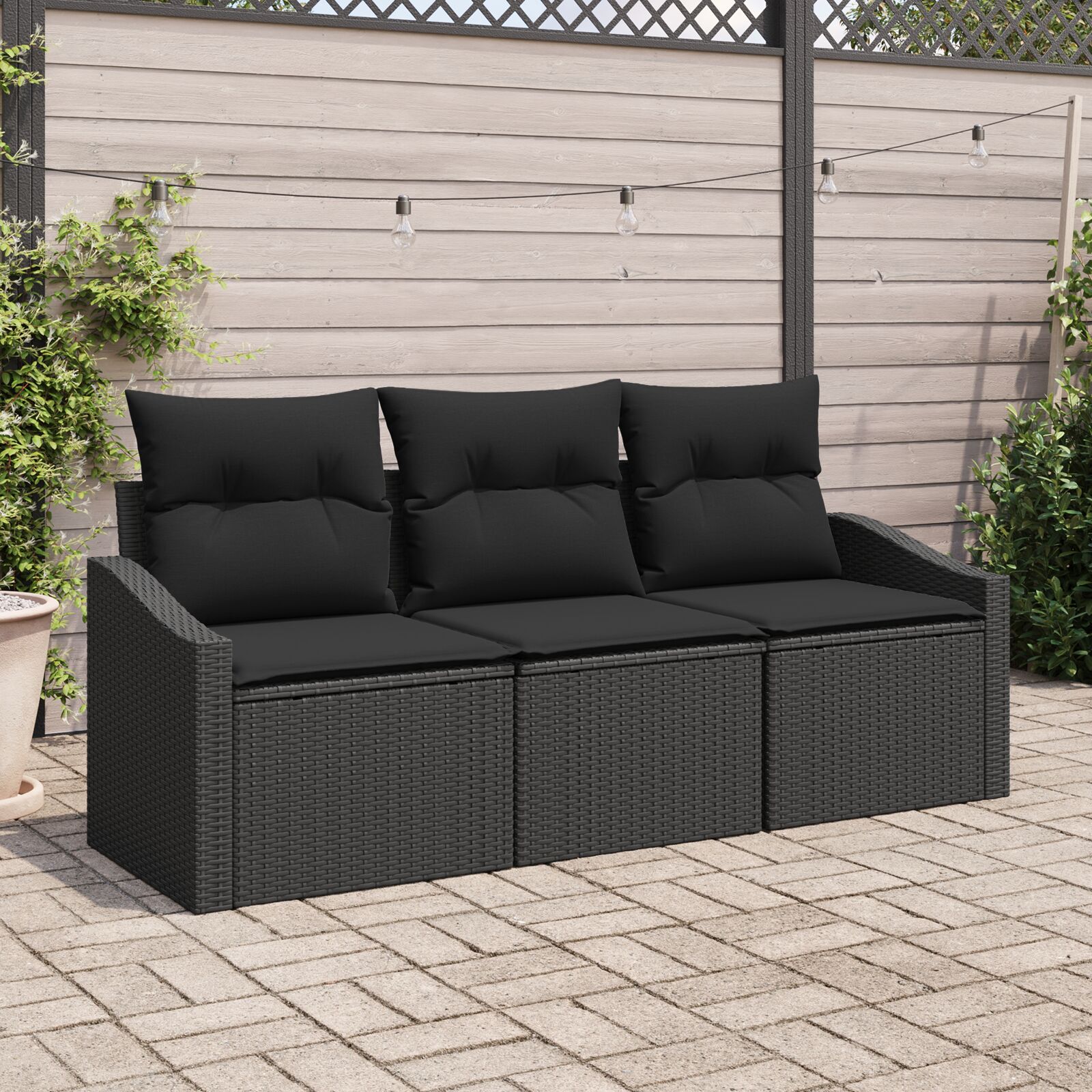 3-teiliges Garten Sofa Set mit Kissen Schwarz Poly Rattan 3-teiliges Garten Sofa Set mit Kissen Schwarz Poly Rattan