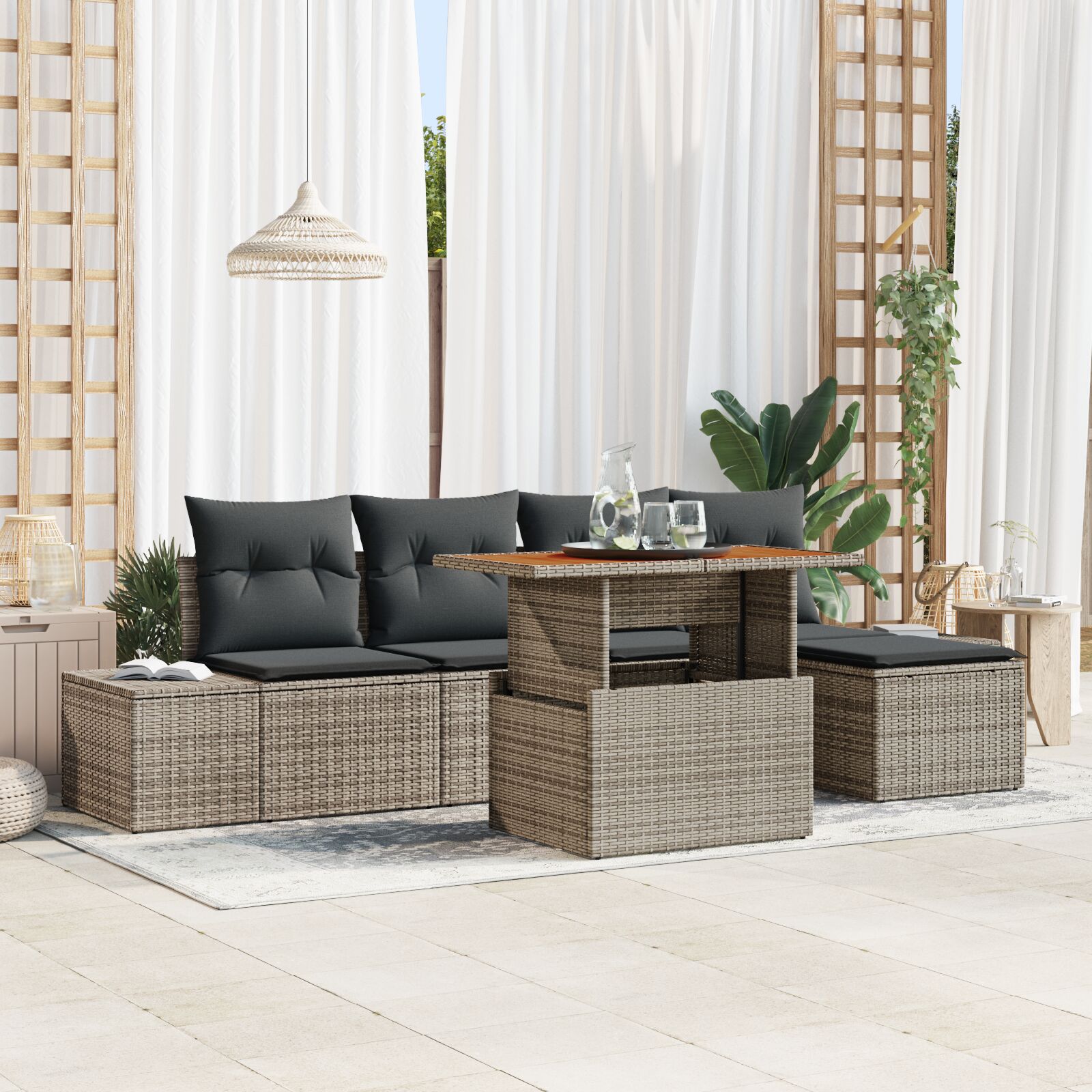 6-teiliges Garten Sofa Set mit Kissen Grau Poly Rattan 6-teiliges Garten Sofa Set mit Kissen Grau Poly Rattan
