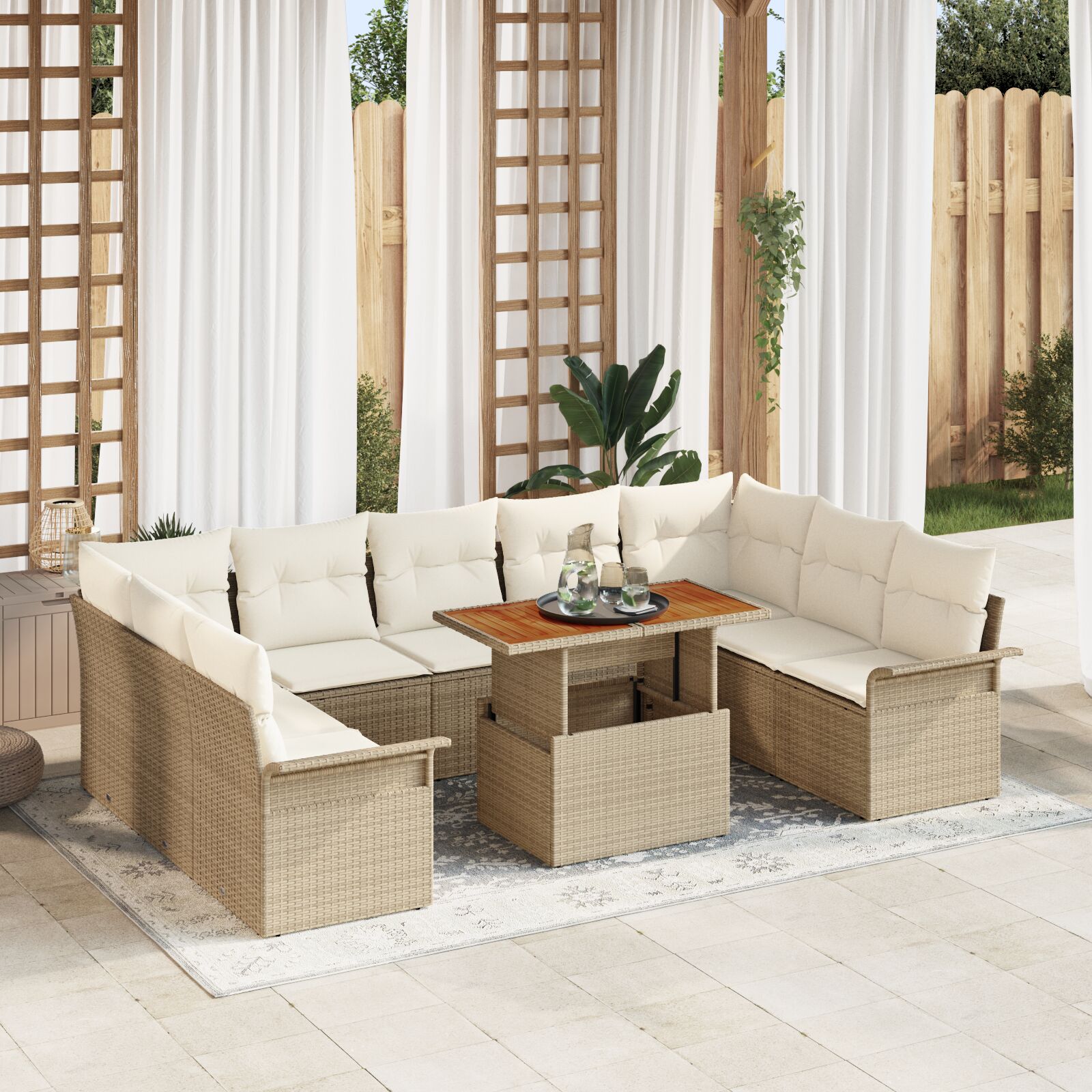 10-teilige Garten Essgruppe mit Kissen Beige Poly Rattan Akazie 10-teilige Garten Essgruppe mit Kissen Beige Poly Rattan Akazie