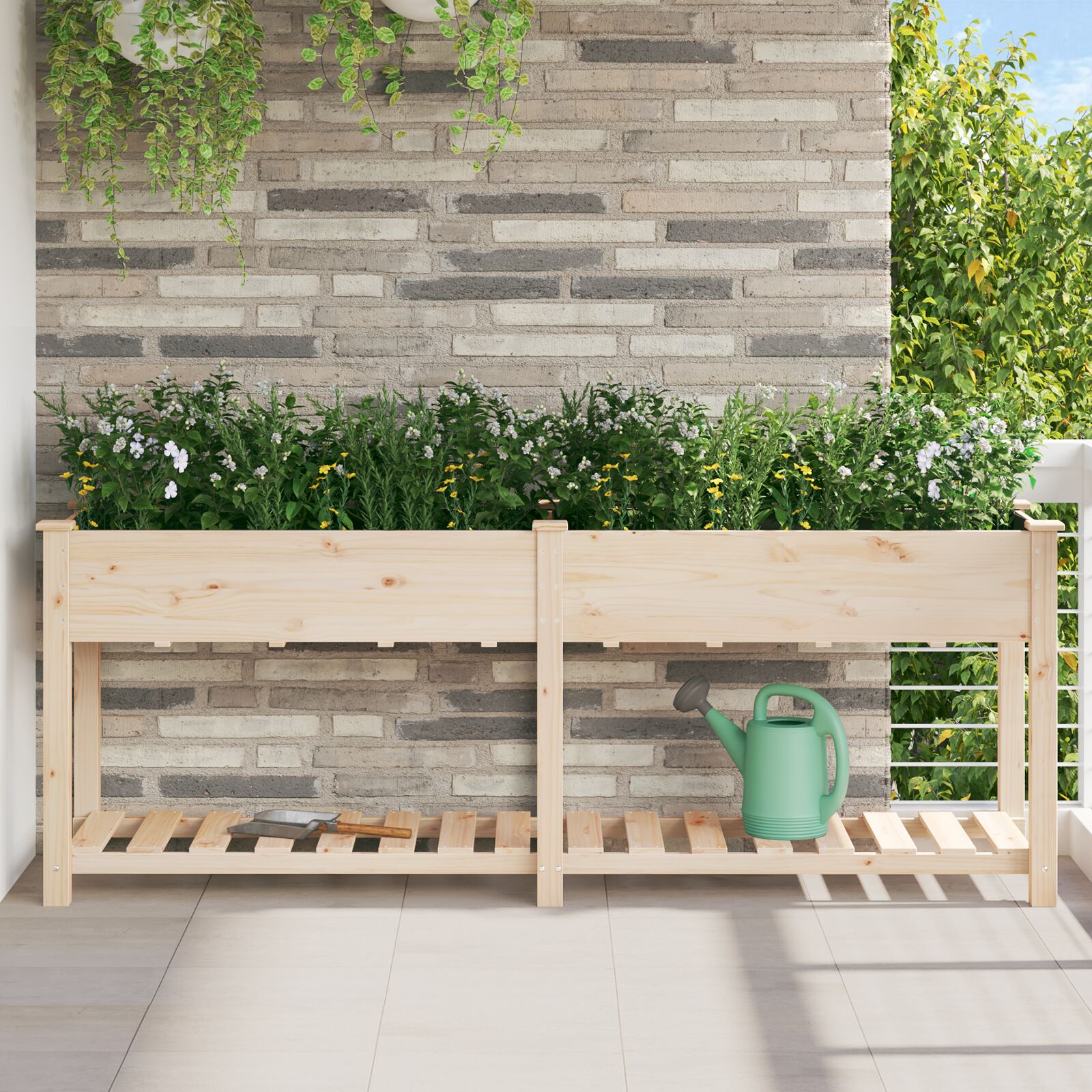 Gartenpflanzer mit Regal 203x53x76 cm aus massivem Fichtenholz