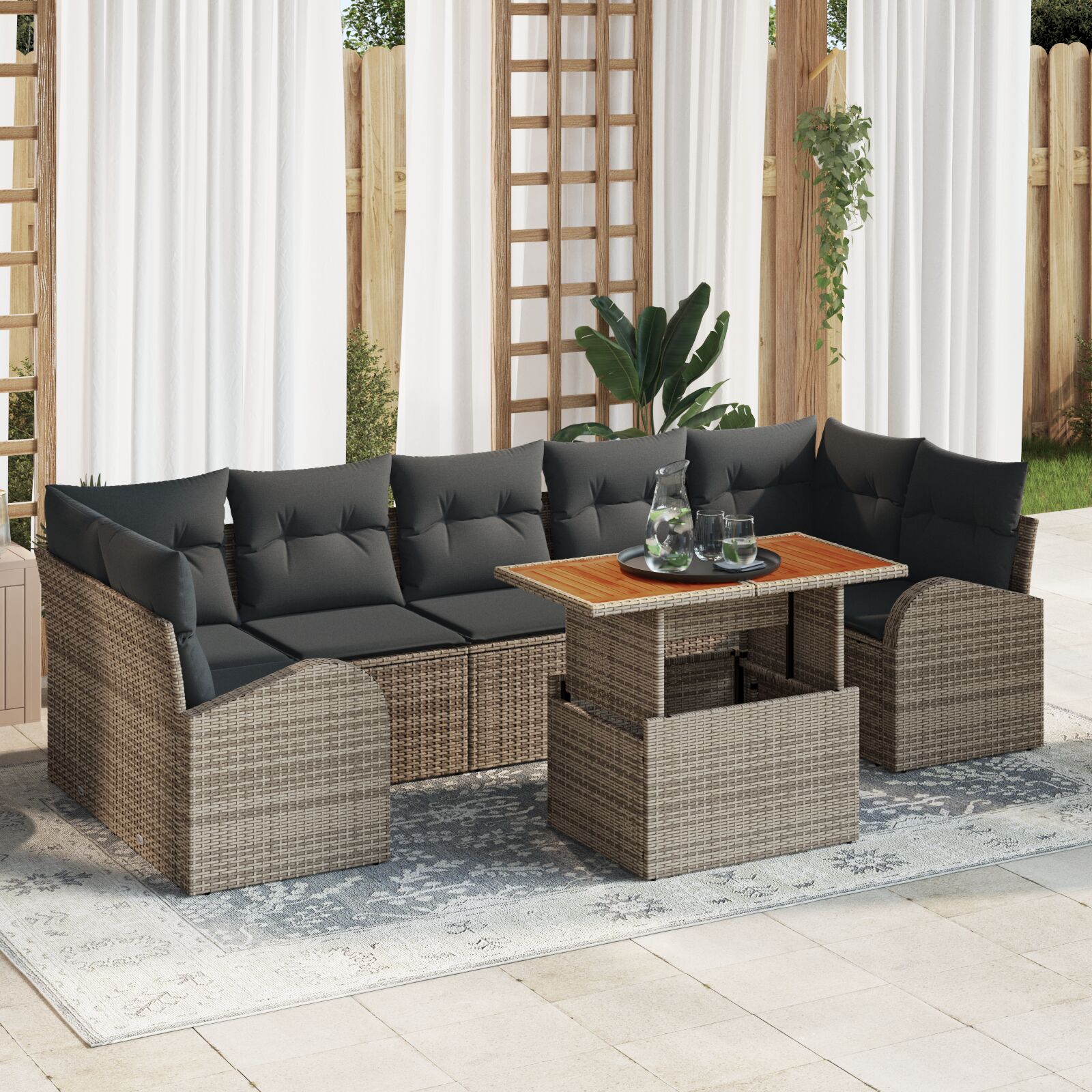 vidaXL Garten-Sofa-Set 8 Teile Grau, Braun Rattan, Polyester, Glas vidaXL Garten-Sofa-Set 8 Teile Grau, Braun Rattan, Polyester, Glas