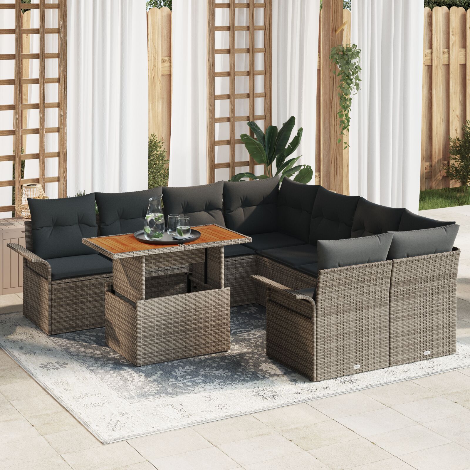 vidaXL Garten Sofa Set 9-teilig Grau Rattan Garten Sofa Set Rechteckig