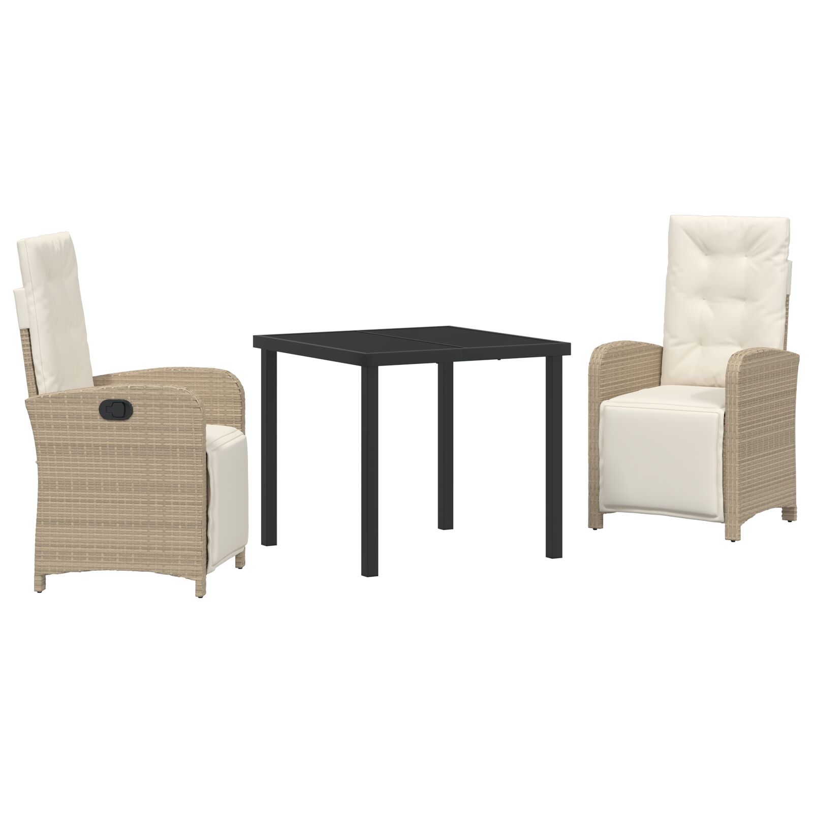 3-teiliges Garten-Essgruppe mit Kissen Beige Poly Rattan, Gartentisch Schwarz 80x80x73 cm Sicherheitsglas