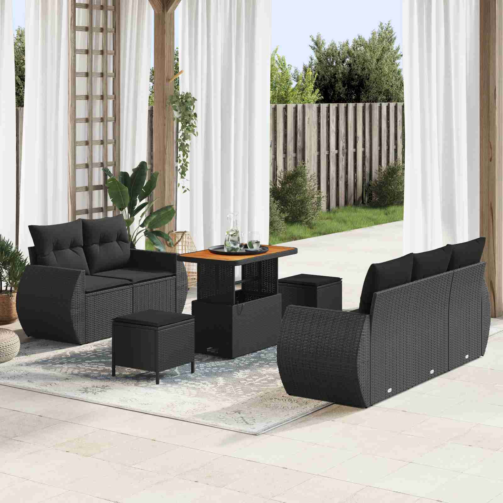 8-teiliges Garten-Sofa-Set mit Kissen Schwarz Poly-Rattan Akazie