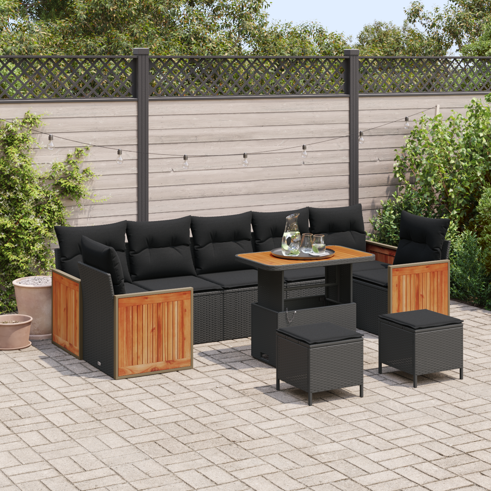 10-teiliges Garten-Sofa-Set mit Kissen Schwarz Poly Rattan Akazie 10-teiliges Garten-Sofa-Set mit Kissen Schwarz Poly Rattan Akazie