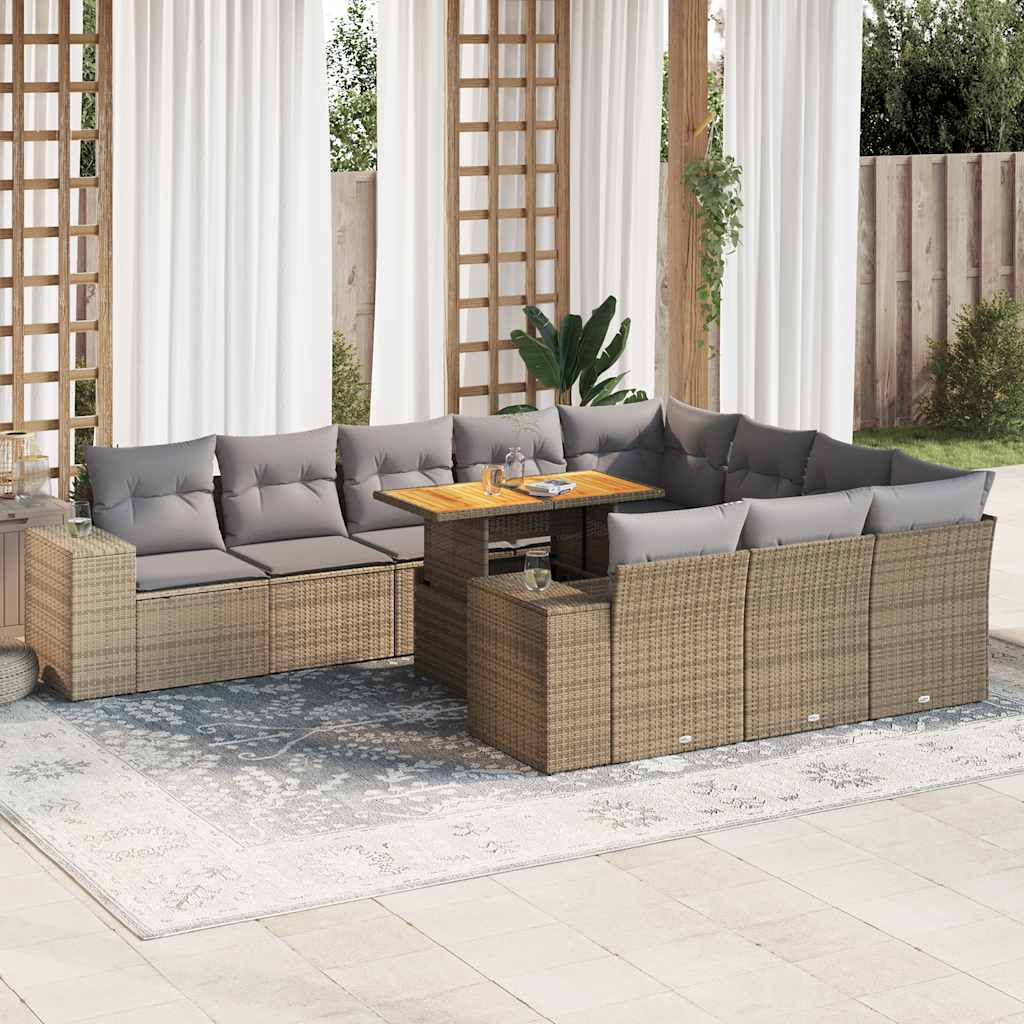 10-tlg. Garten-Sofagarnitur mit Kissen Beige Poly Rattan Akazie 10-tlg. Garten-Sofagarnitur mit Kissen Beige Poly Rattan Akazie