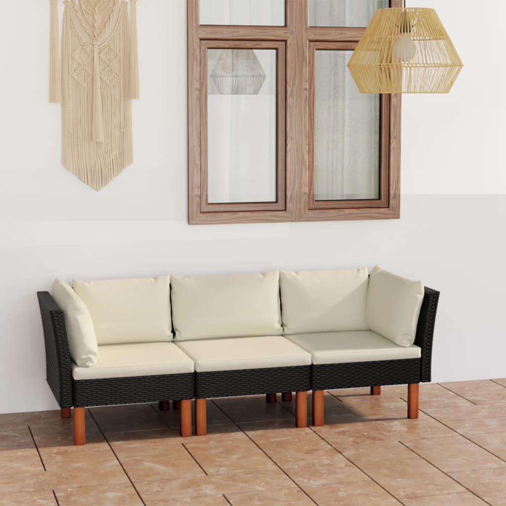 3-Sitzer-Gartensofa mit Kissen Schwarz Poly Rattan 3-Sitzer-Gartensofa mit Kissen Schwarz Poly Rattan
