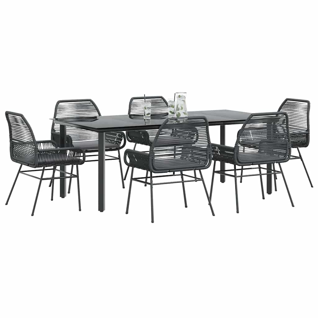 7-tlg. Garten-Essgruppe mit Kissen Schwarz Poly Rattan Glas 7-tlg. Garten-Essgruppe mit Kissen Schwarz Poly Rattan Glas