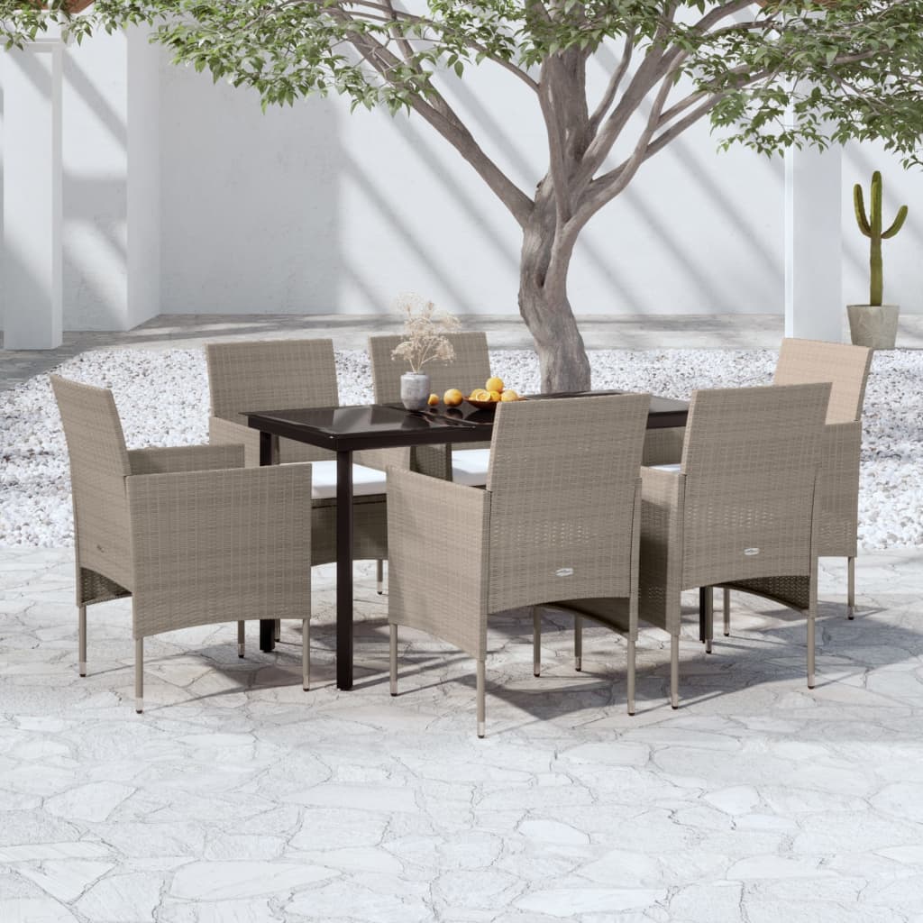 7-tlg. Garten-Essgruppe mit Kissen Beige und Schwarz 7-tlg. Garten-Essgruppe mit Kissen Beige und Schwarz