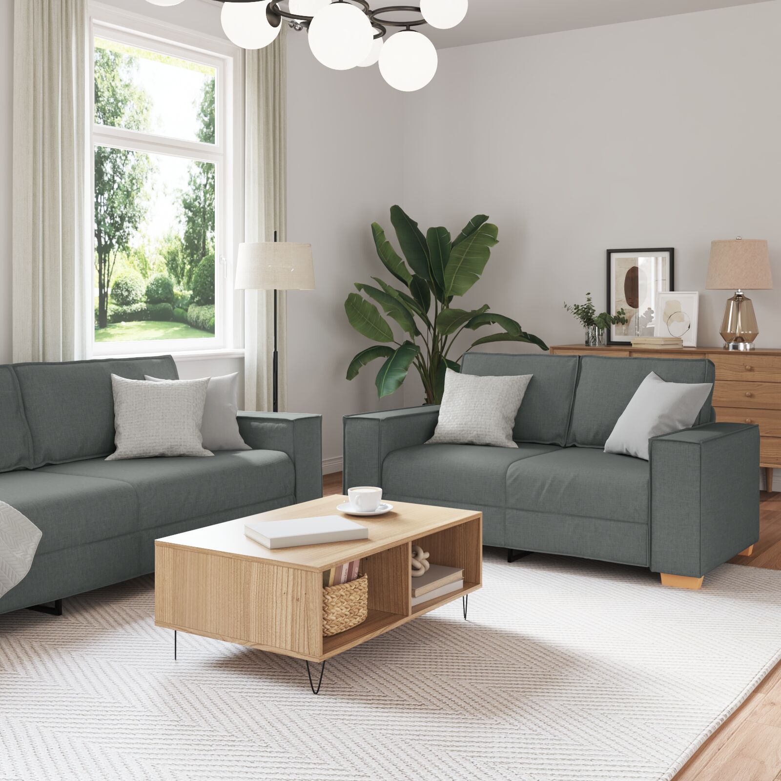 vidaXL 3-teilige Sofagarnitur mit Kissen, Dunkelgrauer Stoff vidaXL 3-teilige Sofagarnitur mit Kissen, Dunkelgrauer Stoff