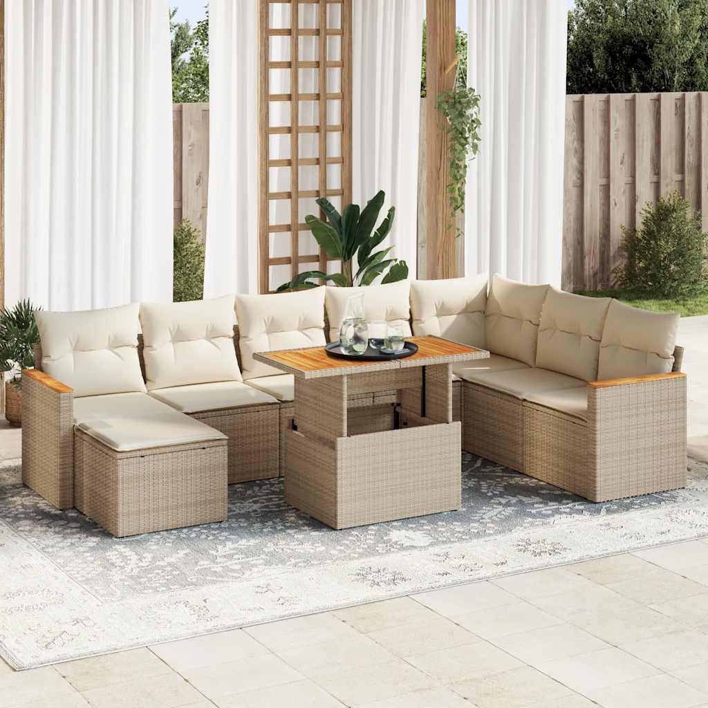 9-tlg. Garten-Sofagarnitur mit Kissen Beige Poly Rattan Akazie 9-tlg. Garten-Sofagarnitur mit Kissen Beige Poly Rattan Akazie