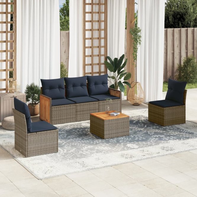 6-teiliges Gartensofa-Set mit Kissen, grau, Polyrattan 6-teiliges Gartensofa-Set mit Kissen, grau, Polyrattan