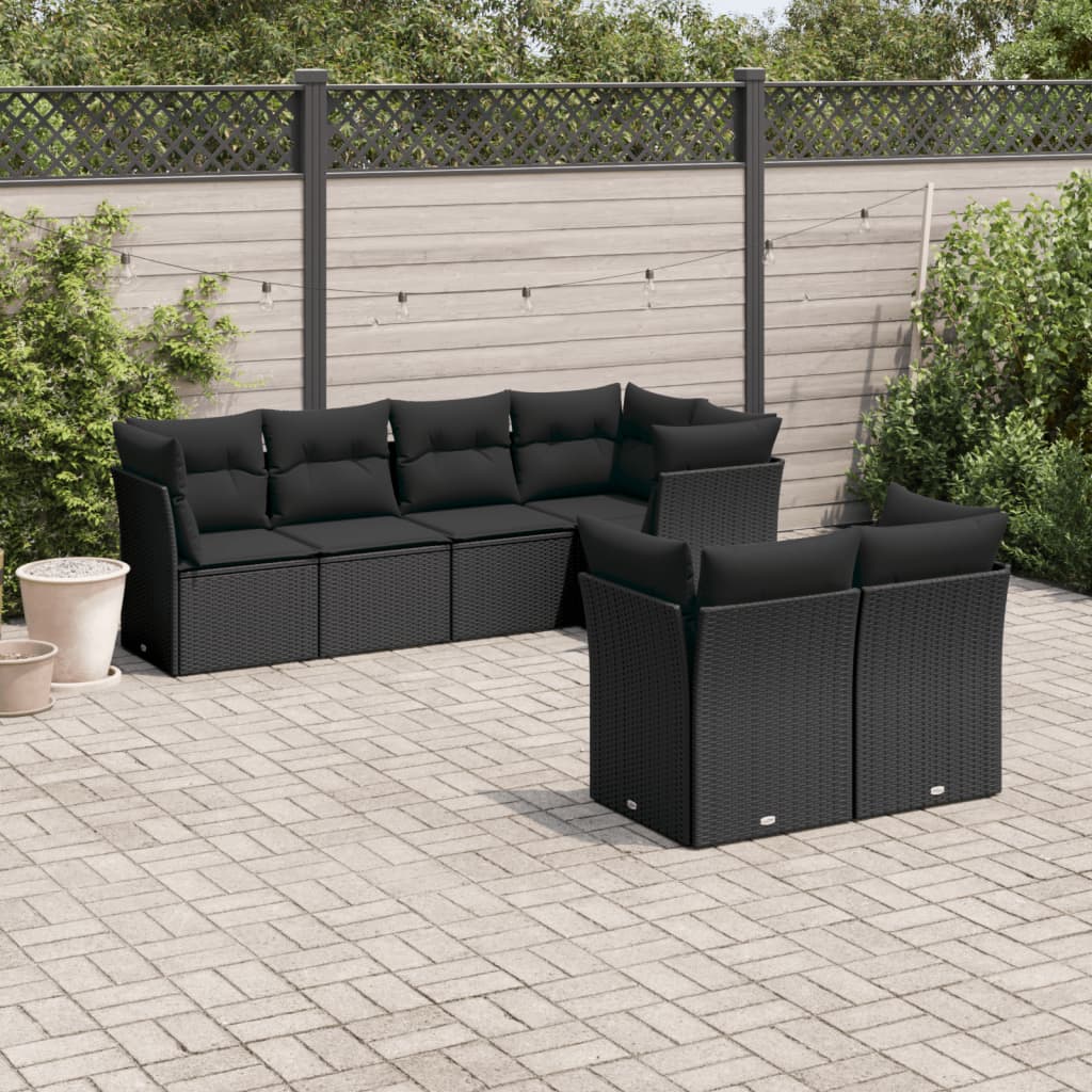 7-tlg. Garten-Sofagarnitur mit Kissen Schwarz Poly Rattan 7-tlg. Garten-Sofagarnitur mit Kissen Schwarz Poly Rattan