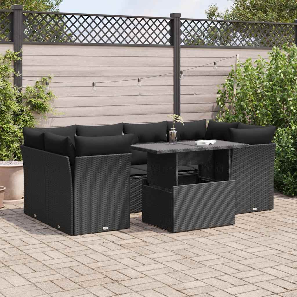 7-tlg. Garten-Sofagarnitur mit Kissen Schwarz Poly Rattan 7-tlg. Garten-Sofagarnitur mit Kissen Schwarz Poly Rattan