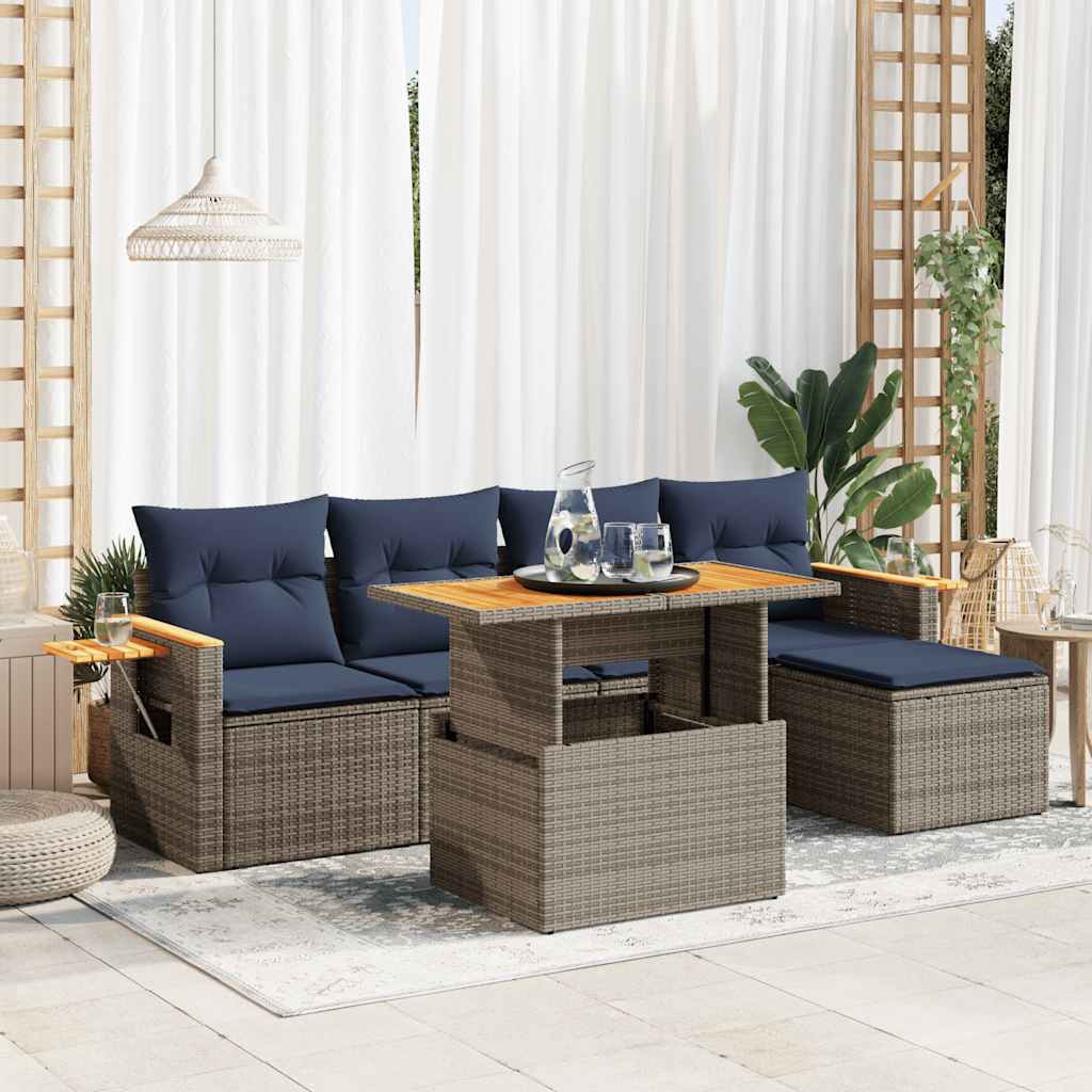6-tlg. Garten-Sofagarnitur mit Kissen Grau Poly Rattan Akazie 6-tlg. Garten-Sofagarnitur mit Kissen Grau Poly Rattan Akazie
