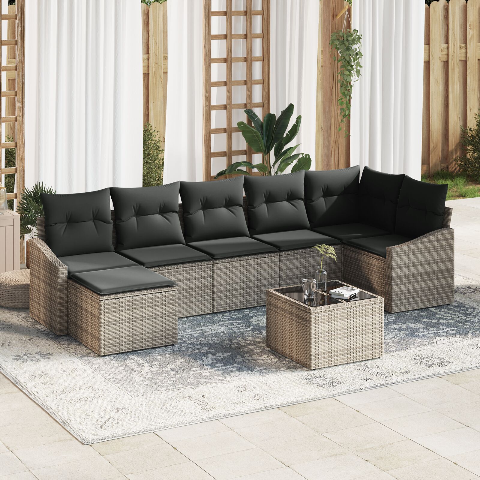 7-teiliges Garten Sofa Set mit Kissen Schwarz Poly Rattan 7-teiliges Garten Sofa Set mit Kissen Schwarz Poly Rattan
