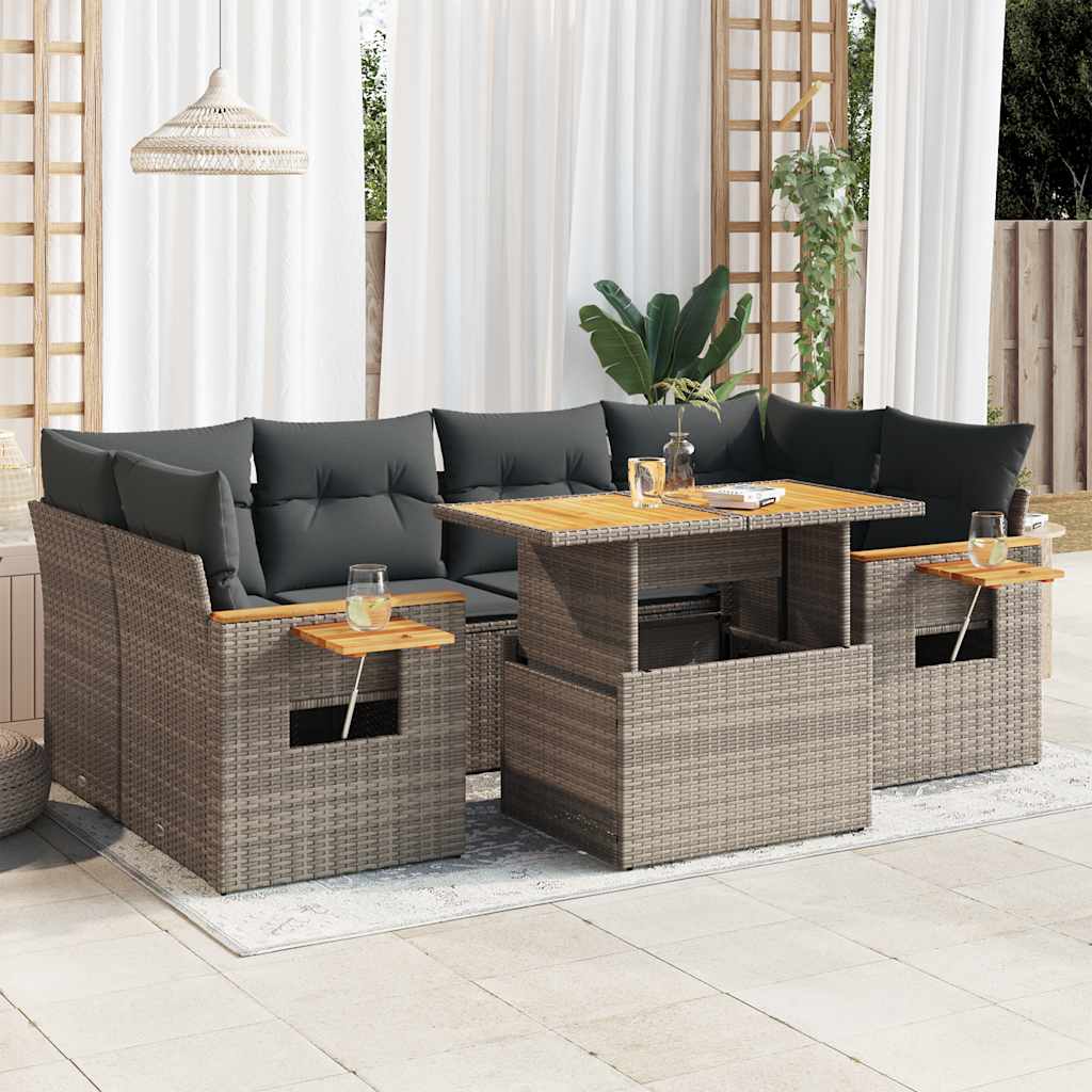 7-tlg. Garten-Sofagarnitur mit Kissen Grau Poly Rattan Akazie 7-tlg. Garten-Sofagarnitur mit Kissen Grau Poly Rattan Akazie