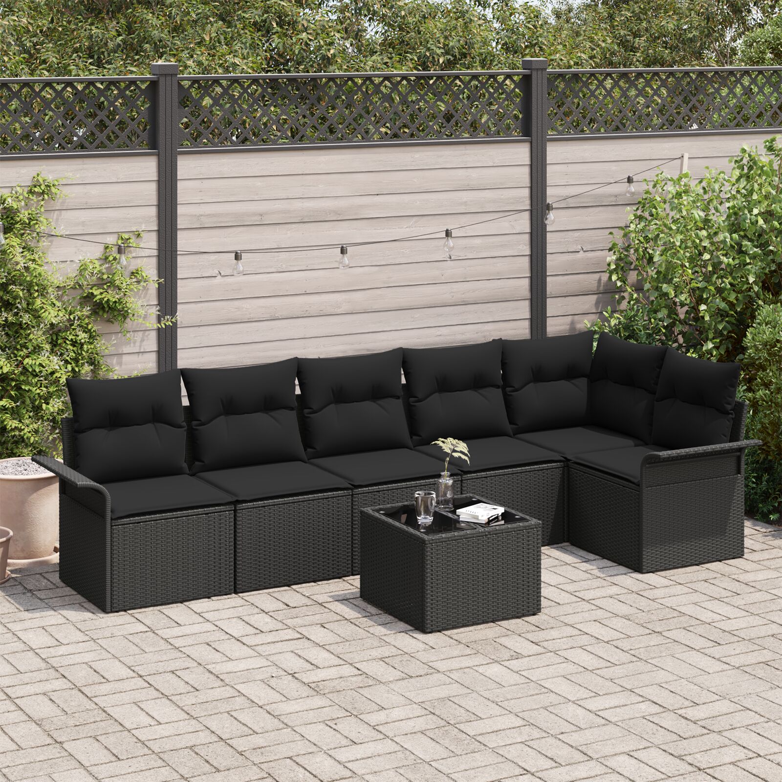 7-teiliges Garten-Sofa-Set mit Kissen in beigem Poly-Rattan